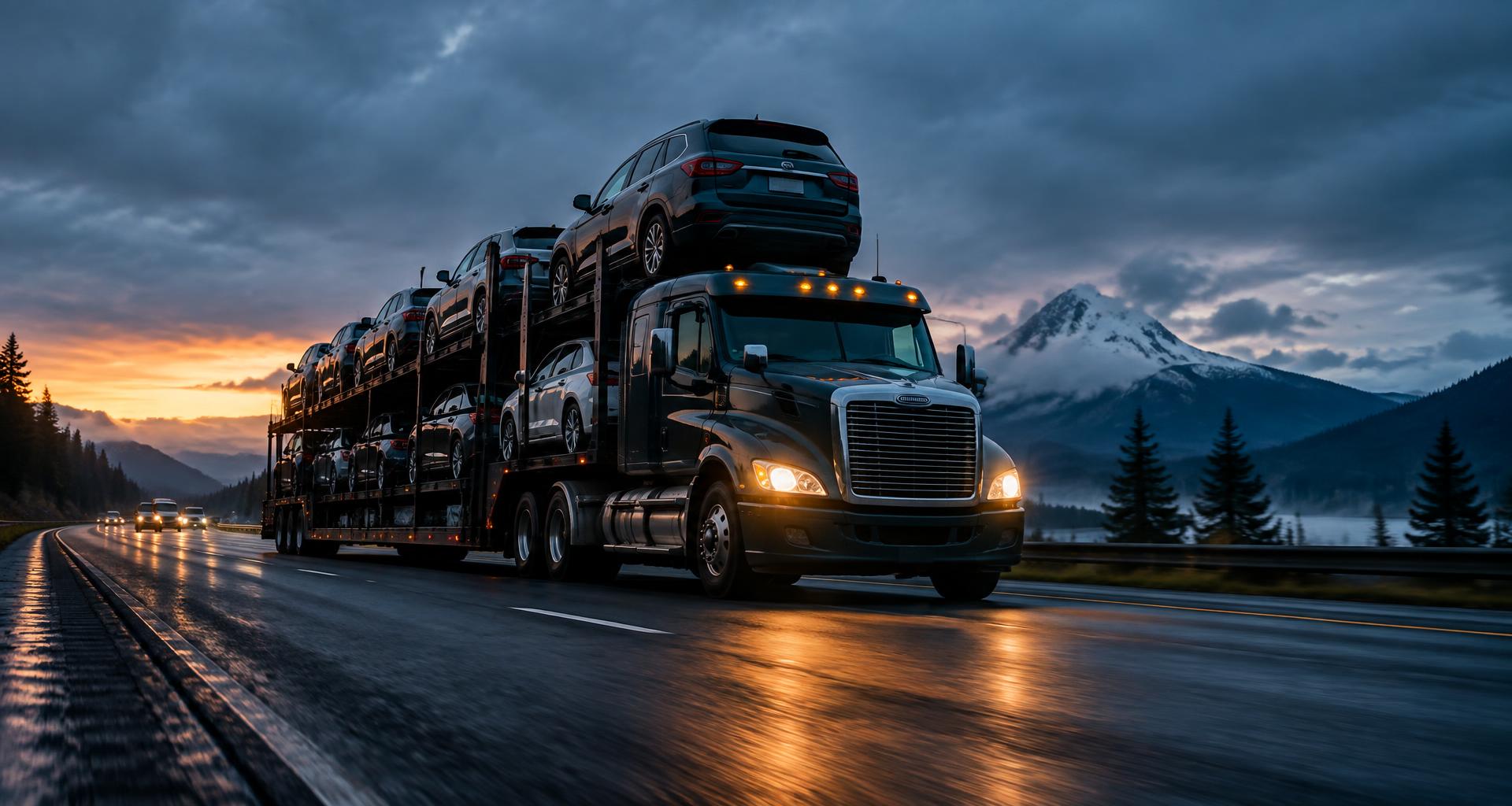 Car hauler truck loaded with vehicles on a coastal highway at dusk